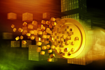blockchain technology mining cryptocurrency coin moving and scattering 3d