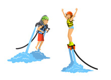 Man And Woman Flyboarding And Ride Water Jetpack. Extreme Water Sport Activities