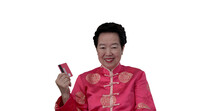 Chinese New Year Spending Credit Card. Asian Senior Woman In Constume Holding Red Card