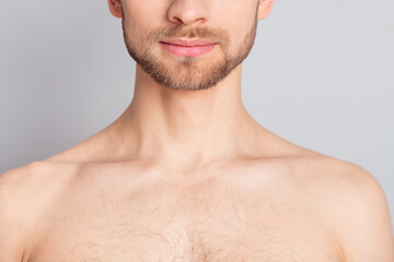 photo of pretty charming young guy neck no clothes smiling isolated grey color background