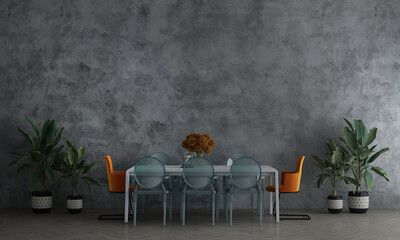 Modern interior mock up and decoration furniture of dining room and wall texture background, 3D rendering