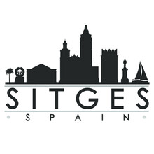 Sitges, Barcelona, Spain Skyline Silhouette Design. Clip Art City Vector Art Famous Buildings Scene Illustration.