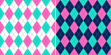 Argyle Pattern Colorful In Pink, Green, Navy Blue, White. Seamless Bright Vector Argyll Background Set In Tropical Colors For Gift Paper, Socks, Sweater, Jumper, Other Spring Fashion Textile Print.
