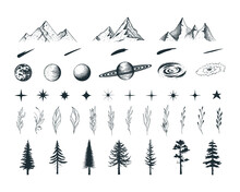 Set Of  Celestial Elements. Trees, Mountains, Floral Branches, Stars, Comets, Moon And Planets. Vector Isolated Decoration Symbols.