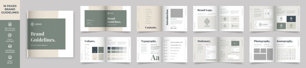 square brand manual template, simple style and modern layout brand style , brand book, brand identit