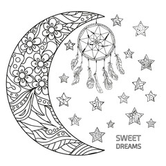Wall Mural - Half moon and stars. Dreamcatcher. Abstract patterns on isolation background. Design for spiritual relaxation for adults. Sweet dreams. Black and white illustration for anti stress colouring page