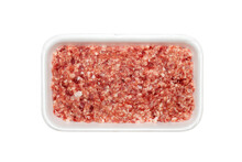Minced meat in a plastic container top view.Minced meat, isolated on a white background.A piece of minced meat.