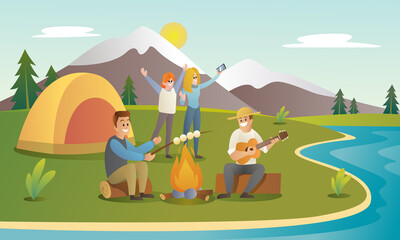 Wall Mural - camp with friends cartoon illustration