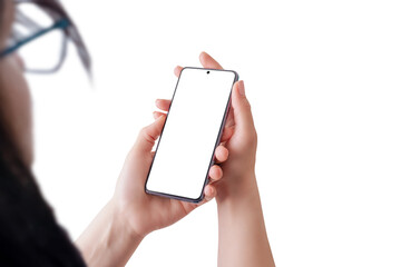 Leinwandbilder - Woman holding smart phone mockup. Over shoulder view. Isolated screen and background