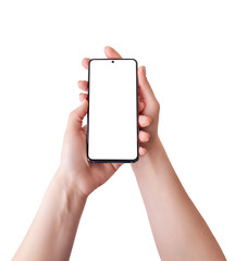 Poster - Phone in women's hands. The girl holds mobile phone with both hands carefully. Vertical position. Isolated screen and background