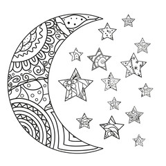 Wall Mural - Moon and star with abstract patterns on isolation background. Design for spiritual relaxation for adults. Line art creation. Black and white illustration for anti stress colouring page. Print t-shirts