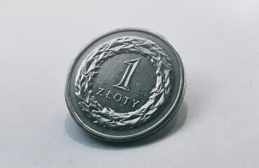 Close up of 1 zloty. Polish money, isolated macro shot of european coin.