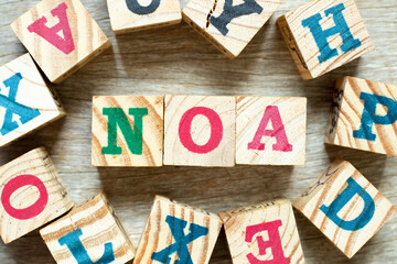 Alphabet letter block in word NOA (Abbreviation of Net operating assets, Notice of award or Notification of award) with another on wood background