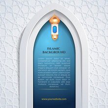 White Islamic Background With Blue Gate And Latern For Social Media Post Template