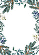 © Anna Nekotangerine - Christmas card with watercolor winter greenery, fir, spruce branches, blue leaves on white background. Rectangle frame for design. Botanical holiday border, invitation template.