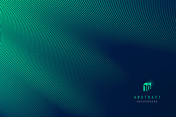 Wall Mural - Abstract dark blue mesh gradient with glowing green curve lines pattern textured background. Modern and minimal template with copy space. Vector illustration