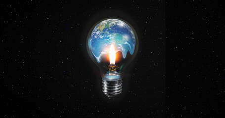 Poster - Global Warming Concept - Our planet Earth in a light bulb and the candle flame that warms it 