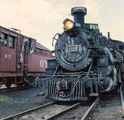 Steam locomotive. Train. On steam. Chama New Mexico USA. Rio Arriba County. Cumbres & Toltec Scenic Railroad. Historic Railway track.