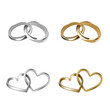 Set of gold and silver wedding rings. heart and round shaped rings. interlocking rings