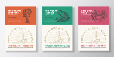 Wall Mural - seafood vector packaging design or label templates set. ocean and sea products banners. modern typog