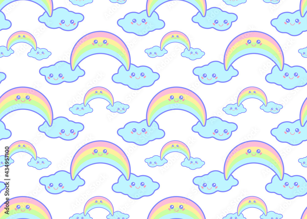 Kawaii rainbow smile face emoji blue cloud vector kids seamless pattern ...
