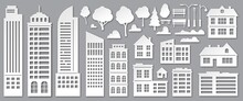 Paper Cut City Buildings. Origami Skyscrapers, Town Houses, Village Cottages And Park Trees Silhouettes. Urban Landscape Elements Vector Set