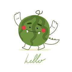 Wall Mural - Cute hand drawn print with watermelon and phrase Hello in flat style. Vector illustration of watermelon