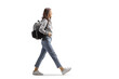 © Ljupco Smokovski - Full length profile shot of a female student in jeans and gray hoodie walking with a backpack