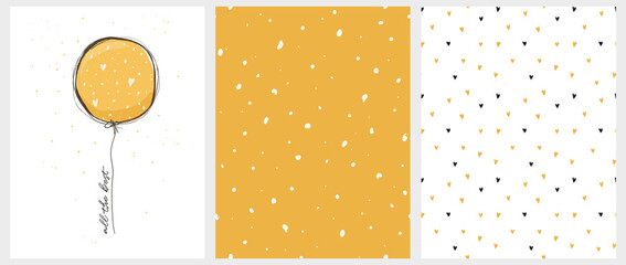 All the Best. Hand Draw Yellow Balloon with Best Wishes. Abstract Seamless Vector Pattern with White Irregular Spots on Yellow Background. Black and Yellow Tiny Hearts on a White Layout.