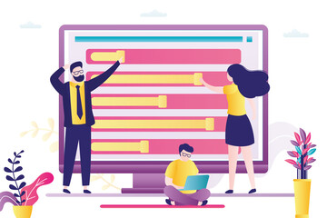 Wall Mural - group of people or programmers are setting up operating system of computer. characters moves sliders