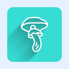 Wall Mural - White line Psilocybin mushroom icon isolated with long shadow. Psychedelic hallucination. Green square button. Vector