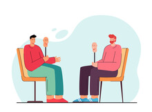Two Cartoon Men Taking Off Their Masks, Becoming Sincere. Flat Vector Illustration. Men Sitting Opposite Each Other, Holding Face Masks, Hiding Feelings. Dissimulation, Honesty, Disguise Concept