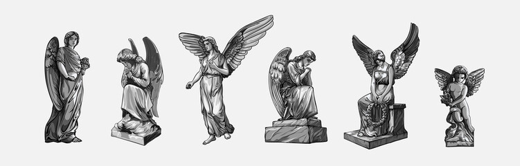 Set off Crying praying Angels sculptures with wings. Monochrome illustration of the statues of an angel. Isolated. Vector illustration