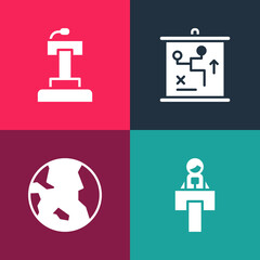 Poster - Set pop art Stage stand or tribune, Earth globe, Planning strategy concept and icon. Vector