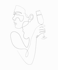 Nude woman with glass of champagne in hand, one line drawing on white isolated background. Vector illustration	
