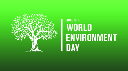 world environment day june 5th  modern creative banner, sign, design concept, social media template  with white text and tree icon  on a green abstract background 