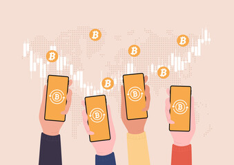 Poster - Hands holding mobile with Bitcoins on world map modern web money networking technology crypto currency. Bitcoin trading concept.