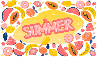 Wall Mural - cute vector hand drawn illustration - summer doodle with tropical fruits, ice cream, donuts and summer lettering. trend illustration in flat style