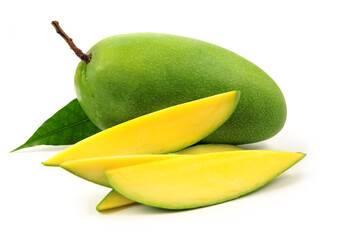 fresh green mangoes on white background.