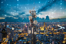 Telecommunication Tower With 5G Cellular Network Antenna On Night City Background, Digital Big Data Concept