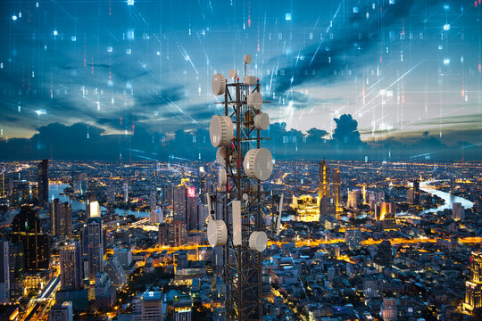 telecommunication tower with 5g cellular network antenna on night city background, digital big data 