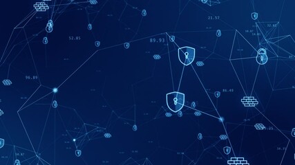 Poster - Motion graphic of Blue security futuristic icon with mesh network connection abstract background concept seamless loop video