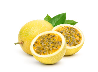 Wall Mural - yellow passion fruit with cut in half and green leaf isolated on white background..