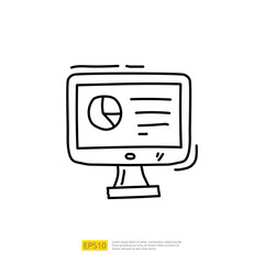 Poster - data collection and analysis concept doodle linear icon with graphic chart on pc screen monitor. Statistics science technology, machine learning process related for business strategy illustration