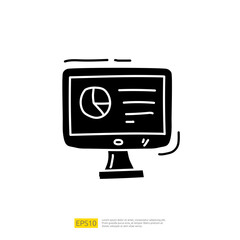 Poster - data collection and analysis concept doodle icon with graphic chart on pc screen monitor. Statistics science technology, machine learning process related for business strategy illustration