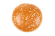 Fresh burger bun isolated on white background with clipping path.  Sesame seed hamburger bun isolated on white. Top view.