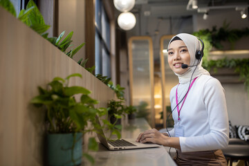 businessman operator telemarketer working on laptop at workplace. Communication support, call center and customer service help desk. Service Team Concept. Operator or Contact Center Sale in Office