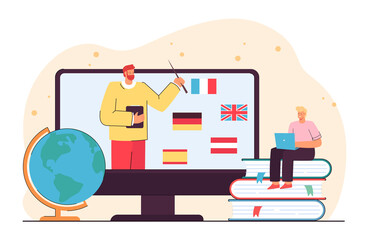 Wall Mural - tiny man learning foreign languages online. flat vector illustration. student sitting on giant books