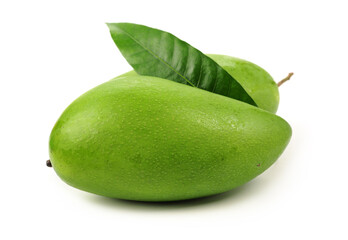 Wall Mural - fresh green mangoes on white background.