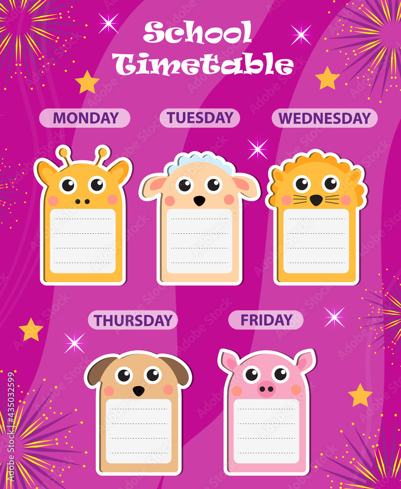 Weekly school timetable template with cute design elements. Weekday ...